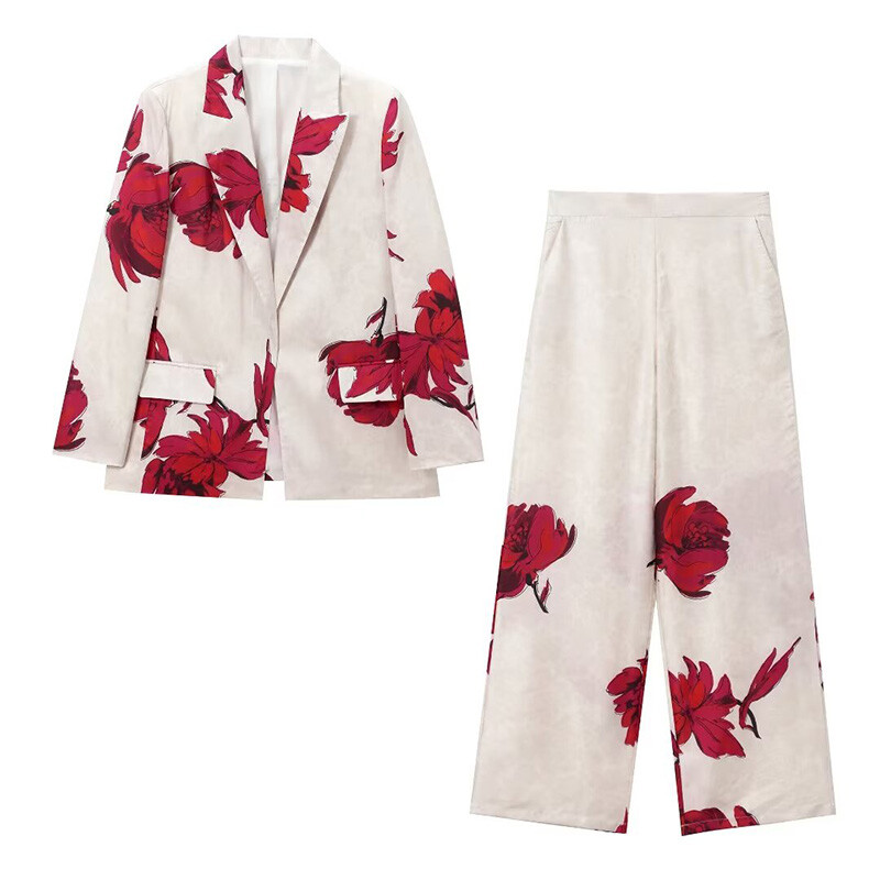 ZHUISHU Pantaloni din satin cu imprimeu floral elegant, de epocă