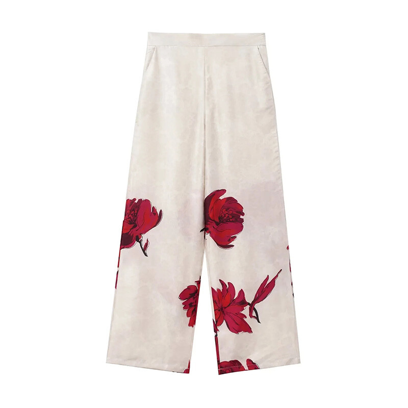 ZHUISHU Pantaloni din satin cu imprimeu floral elegant, de epocă