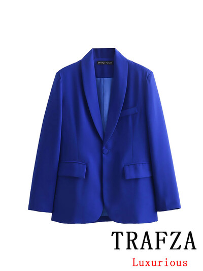 TRAFZA Costum de femeie vintage chic albastru solid cu buzunare cu un singur buton Blazer pantaloni drepti largi la noua moda 2024 Seturi pentru dama de birou