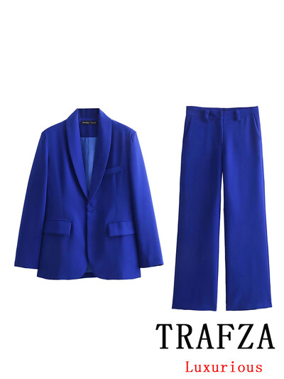 TRAFZA Costum de femeie vintage chic albastru solid cu buzunare cu un singur buton Blazer pantaloni drepti largi la noua moda 2024 Seturi pentru dama de birou