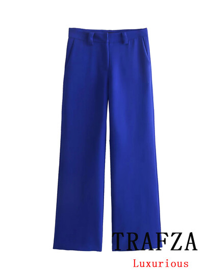 TRAFZA Costum de femeie vintage chic albastru solid cu buzunare cu un singur buton Blazer pantaloni drepti largi la noua moda 2024 Seturi pentru dama de birou
