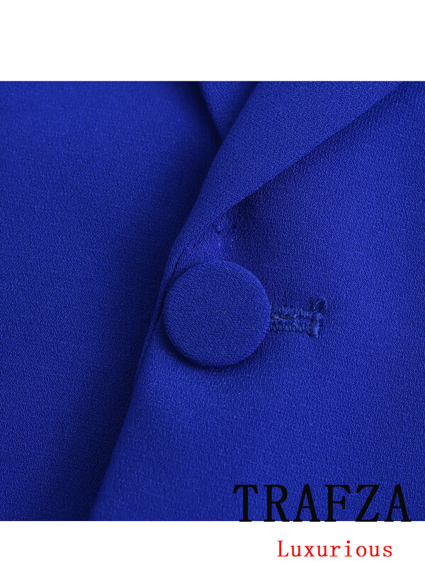 TRAFZA Costum de femeie vintage chic albastru solid cu buzunare cu un singur buton Blazer pantaloni drepti largi la noua moda 2024 Seturi pentru dama de birou