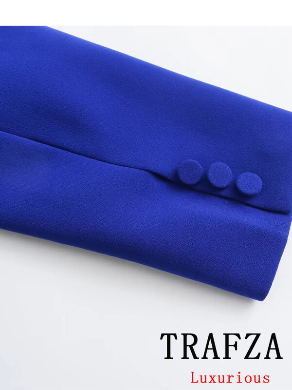 TRAFZA Costum de femeie vintage chic albastru solid cu buzunare cu un singur buton Blazer pantaloni drepti largi la noua moda 2024 Seturi pentru dama de birou