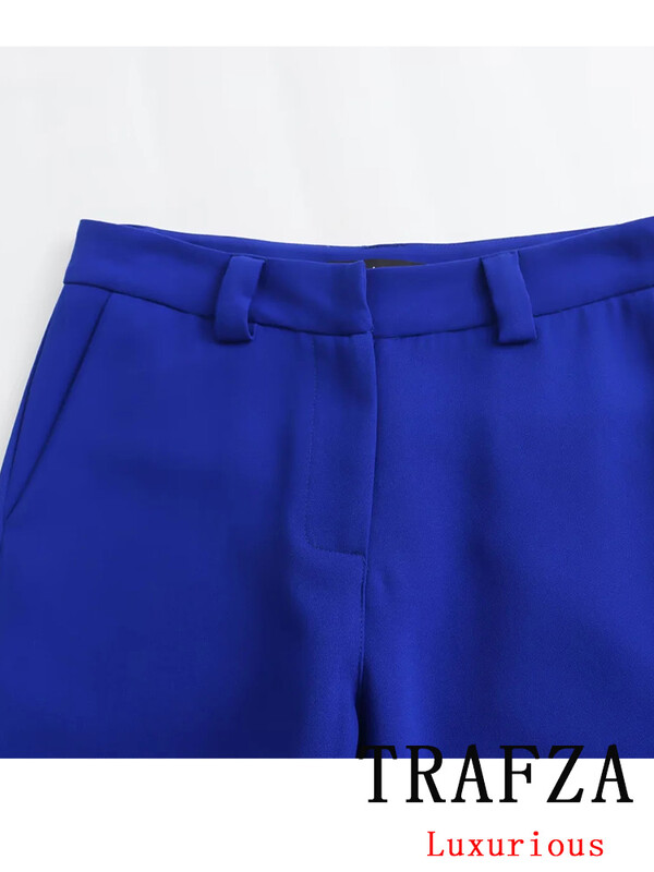 TRAFZA Costum de femeie vintage chic albastru solid cu buzunare cu un singur buton Blazer pantaloni drepti largi la noua moda 2024 Seturi pentru dama de birou