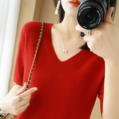 Άνοιξη φθινόπωρο Γυναικεία πουλόβερ Κοντό μανίκι με λαιμόκοψη V Πλεκτό πουκάμισο 2024 Καλοκαίρι καμηλό Πράσινο ροζ πουλόβερ Κορεάτικα πουλόβερ