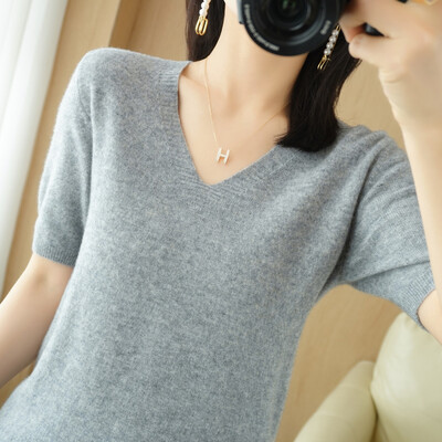 Άνοιξη φθινόπωρο Γυναικεία πουλόβερ Κοντό μανίκι με λαιμόκοψη V Πλεκτό πουκάμισο 2024 Καλοκαίρι καμηλό Πράσινο ροζ πουλόβερ Κορεάτικα πουλόβερ