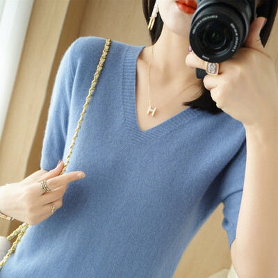 Άνοιξη φθινόπωρο Γυναικεία πουλόβερ Κοντό μανίκι με λαιμόκοψη V Πλεκτό πουκάμισο 2024 Καλοκαίρι καμηλό Πράσινο ροζ πουλόβερ Κορεάτικα πουλόβερ