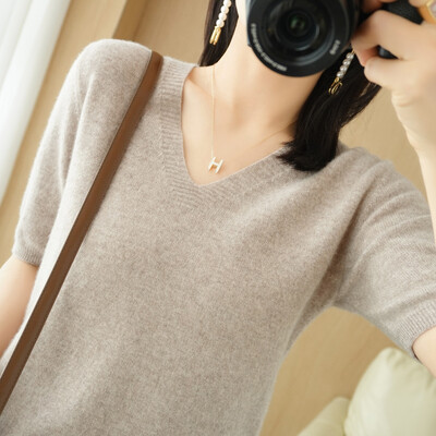 Άνοιξη φθινόπωρο Γυναικεία πουλόβερ Κοντό μανίκι με λαιμόκοψη V Πλεκτό πουκάμισο 2024 Καλοκαίρι καμηλό Πράσινο ροζ πουλόβερ Κορεάτικα πουλόβερ