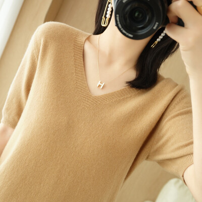 Άνοιξη φθινόπωρο Γυναικεία πουλόβερ Κοντό μανίκι με λαιμόκοψη V Πλεκτό πουκάμισο 2024 Καλοκαίρι καμηλό Πράσινο ροζ πουλόβερ Κορεάτικα πουλόβερ