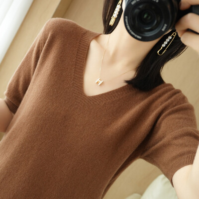 Άνοιξη φθινόπωρο Γυναικεία πουλόβερ Κοντό μανίκι με λαιμόκοψη V Πλεκτό πουκάμισο 2024 Καλοκαίρι καμηλό Πράσινο ροζ πουλόβερ Κορεάτικα πουλόβερ