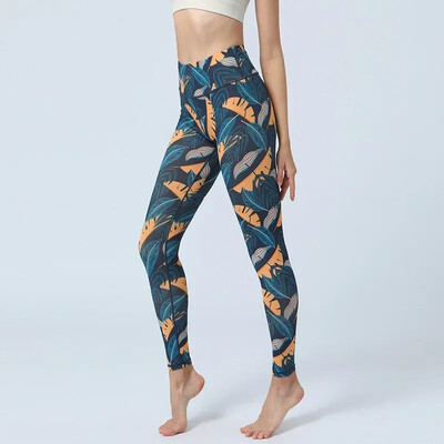 Leggings sport imprimați cu frunze noi de damă pentru femei Slim Fit Butt Lift cu talie înaltă Pantaloni de dans fitness îmbrăcăminte casual 8Z