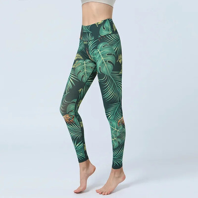 Leggings sport imprimați cu frunze noi de damă pentru femei Slim Fit Butt Lift cu talie înaltă Pantaloni de dans fitness îmbrăcăminte casual 8Z