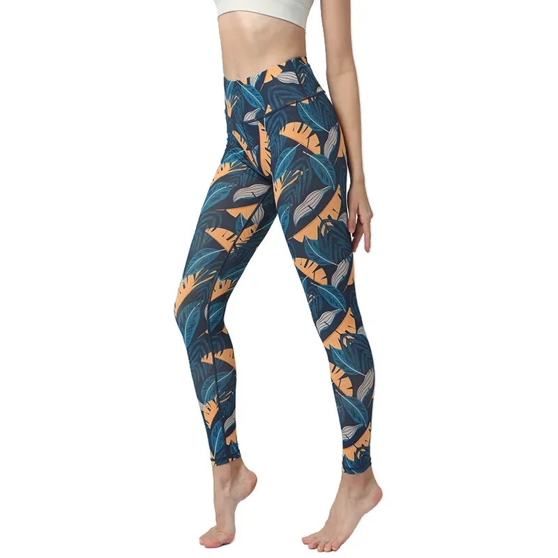 Leggings sport imprimați cu frunze noi de damă pentru femei Slim Fit Butt Lift cu talie înaltă Pantaloni de dans fitness îmbrăcăminte casual 8Z