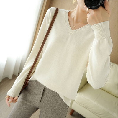 Toamnă/Iarnă 2024 Pulover tricotat cu decolteu în V pentru femei 100% bumbac cu capse lungi ediție coreeană Moda Versatil Elegant Top SMY