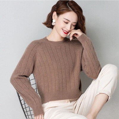 Pulovere tricotate pentru femei, slim fit, scurte, decupate, pentru femei, cu gât rotund, cămilă, caldă, ținute de toamnă, la serviciu, oferte pentru tineret