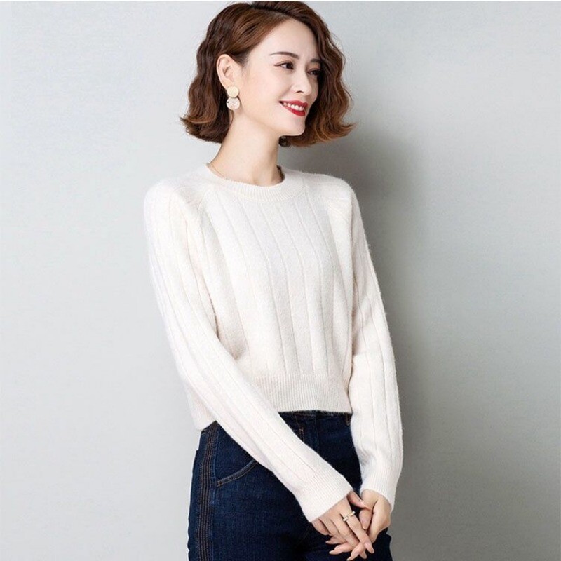 Pulovere tricotate pentru femei, slim fit, scurte, decupate, pentru femei, cu gât rotund, cămilă, caldă, ținute de toamnă, la serviciu, oferte pentru tineret