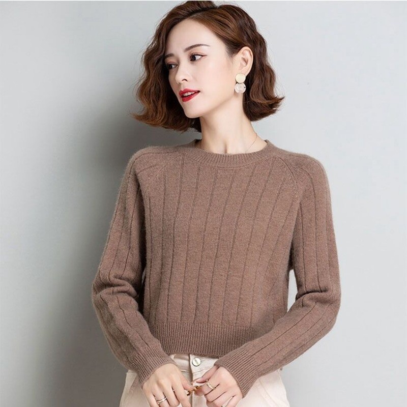 Pulovere tricotate pentru femei, slim fit, scurte, decupate, pentru femei, cu gât rotund, cămilă, caldă, ținute de toamnă, la serviciu, oferte pentru tineret