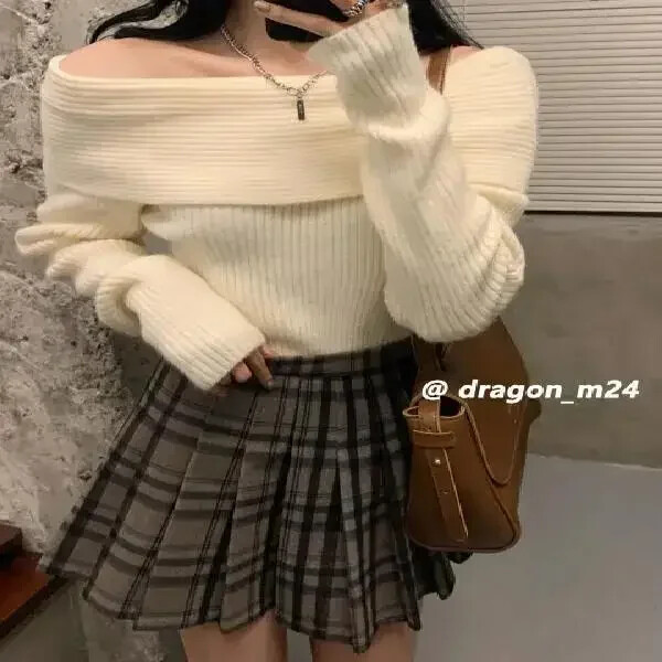 Μακρυμάνικα πλεκτά μπλουζάκια ώμου για γυναίκες Πλεκτό πουλόβερ Σέξι πουλόβερ Y2k Ρούχα Κορεατικά Δημοφιλή πλεκτά Λευκό Μαύρο Γκρι