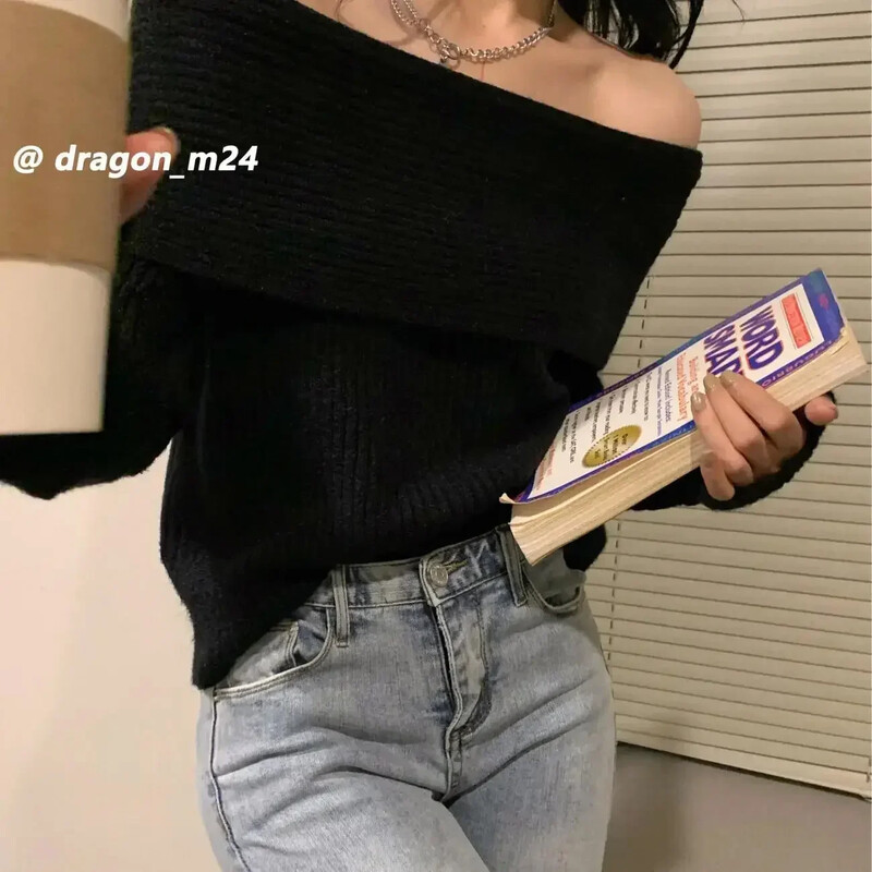 Μακρυμάνικα πλεκτά μπλουζάκια ώμου για γυναίκες Πλεκτό πουλόβερ Σέξι πουλόβερ Y2k Ρούχα Κορεατικά Δημοφιλή πλεκτά Λευκό Μαύρο Γκρι