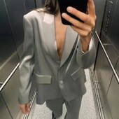 Seturi de pantaloni largi argintiu metalic pentru femei 2 piese costum de dama blazer jachetă pantaloni elegant clasic modă chic elegant