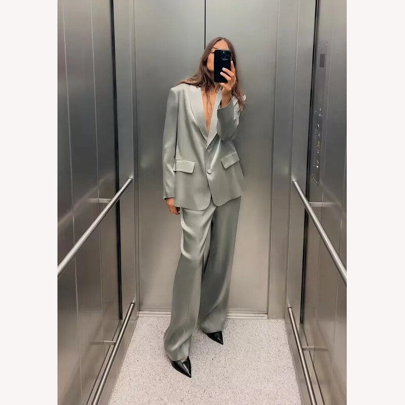 Seturi de pantaloni largi argintiu metalic pentru femei 2 piese costum de dama blazer jachetă pantaloni elegant clasic modă chic elegant