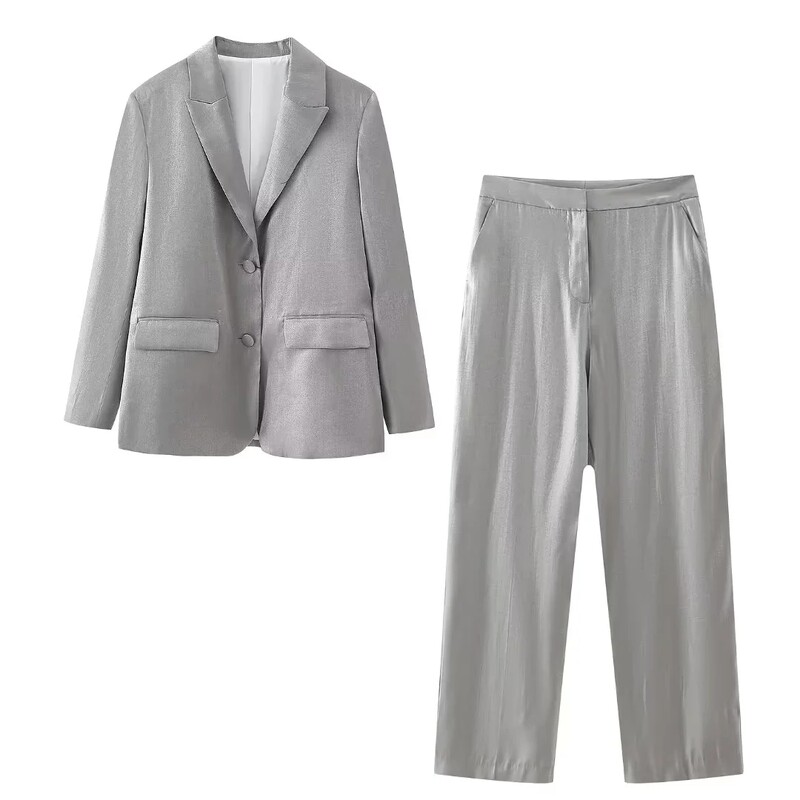 Seturi de pantaloni largi argintiu metalic pentru femei 2 piese costum de dama blazer jachetă pantaloni elegant clasic modă chic elegant