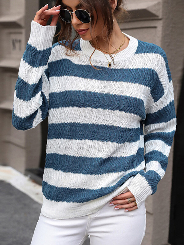 Γυναικεία πουλόβερ casual ριγέ Γυναικεία κομψά γυναικεία πουλόβερ μακρυμάνικα με λαιμόκοψη 2024 Φθινόπωρο Χειμώνας Χαλαρή μόδα Γυναικεία πλεκτά