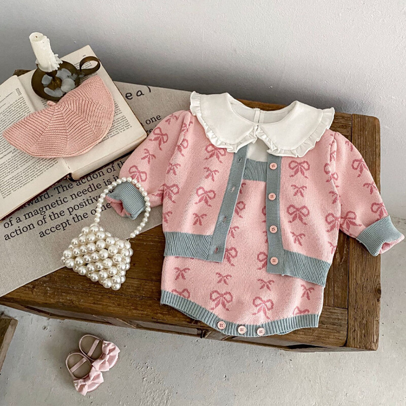 Imbracaminte noua de toamna pentru bebelusi, 0-3 ani pentru femeie, guler cu carapace, papion, jacheta pulover cu maneca lunga