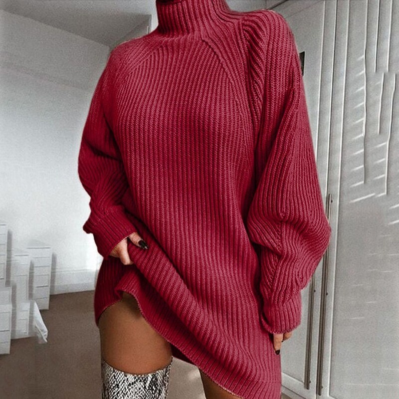 Γυναικείο πλεκτό φόρεμα με ζιβάγκο μεγάλο φθινοπωρινό μονόχρωμο μακρυμάνικο casual κομψό μίνι πουλόβερ φόρεμα Χειμερινά ρούχα για γυναίκες