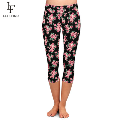 LETSFIND Letné nové dámske capri legíny s vysokým pásom, 3D kvety, digitálna potlač, fitness, sexy, strečové dievčenské legíny
