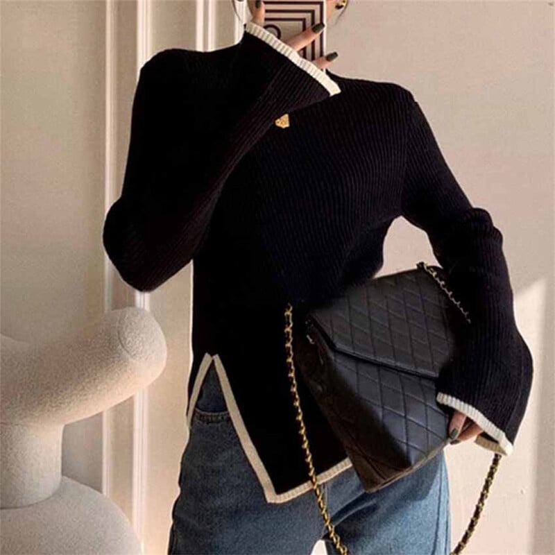 Χρώματα με αντίθεση Λεπτό γυναικείο πουλόβερ πουλόβερ με ζιβάγκο με ζιβάγκο Φθινοπωρινό χειμωνιάτικο πλαϊνό σκίσιμο Κομψό, κομψό πλεκτό τοπ