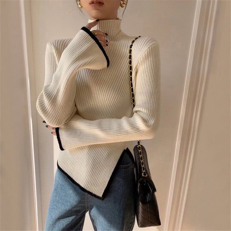 Χρώματα με αντίθεση Λεπτό γυναικείο πουλόβερ πουλόβερ με ζιβάγκο με ζιβάγκο Φθινοπωρινό χειμωνιάτικο πλαϊνό σκίσιμο Κομψό, κομψό πλεκτό τοπ