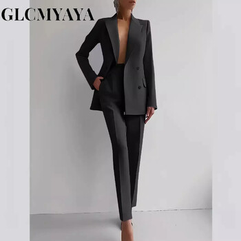 GLCMYAYA Κομψή φόρμα blazer και φαρδύ παντελόνι με δύο 2 τεμάχια σετ για γυναίκες 2024 Classic OL Work Street Outfit