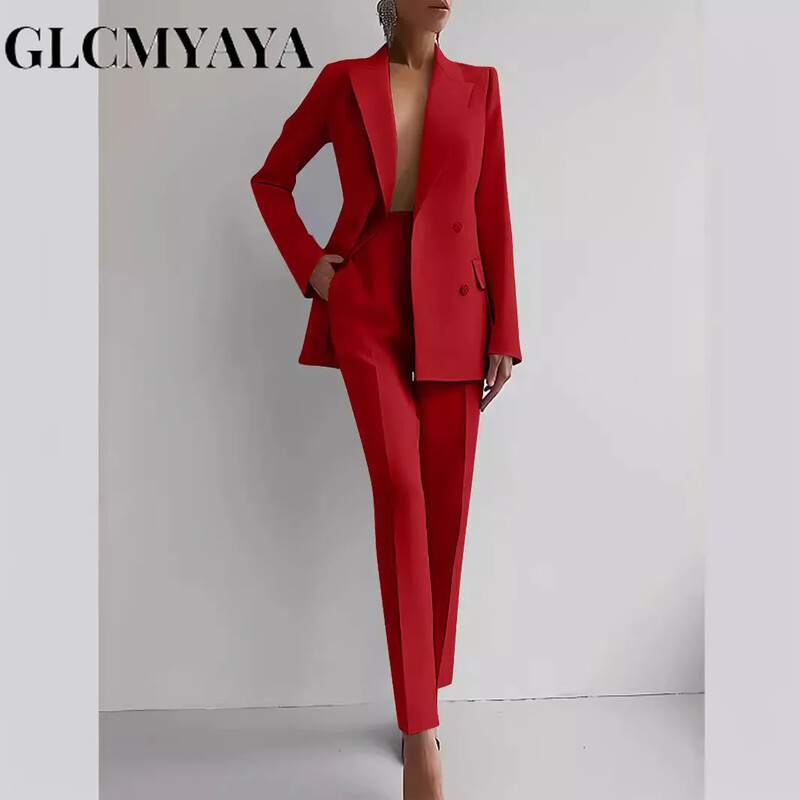 GLCMYAYA Costum blazer elegant și pantaloni cu picioare largi Două seturi 2 piese Ținute pentru femei 2024 2024 Classic OL Work Street Outfit Trening