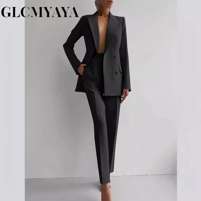 GLCMYAYA Costum blazer elegant și pantaloni cu picioare largi Două seturi 2 piese Ținute pentru femei 2024 2024 Classic OL Work Street Outfit Trening