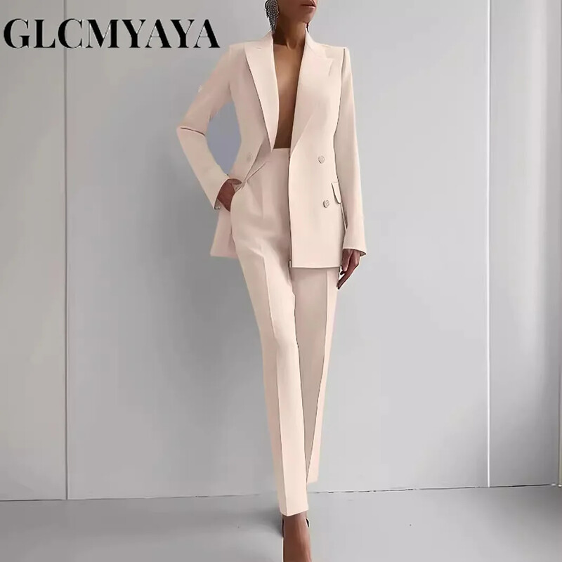 GLCMYAYA Costum blazer elegant și pantaloni cu picioare largi Două seturi 2 piese Ținute pentru femei 2024 2024 Classic OL Work Street Outfit Trening