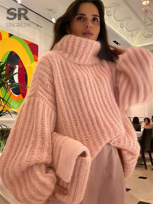 SINGREINY trikotāžas džemperis ar apkakli Sieviešu ziemas virsdrēbes Brīvs, viengabalains, elegants ar garām piedurknēm Modes sieviešu ikdienas siltas džemperu topi