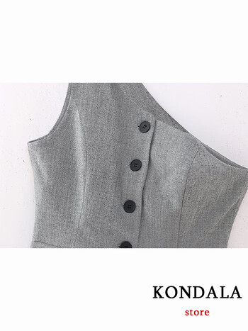 KONDALA New Chic Grey Fashion 2023 Φθινοπωρινό Γυναικείο κοστούμι Γυναικείο Αμάνικο ζιβάγκο με κουμπιά γιλέκο Casual παντελόνι με φαρδύ φερμουάρ