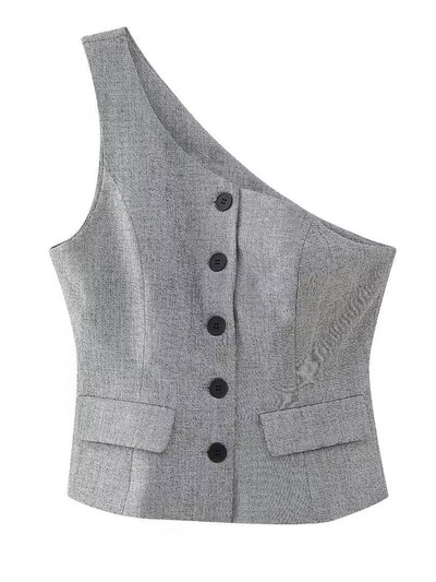 KONDALA New Chic Gri Fashion 2023 Toamna Office Lady Costum Femei Blazer fără mâneci Vestă cu butoane Casual Pantaloni cu fermoar cu picioare largi