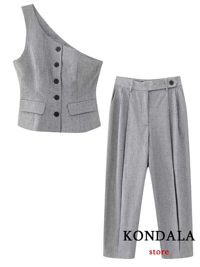 KONDALA New Chic Gri Fashion 2023 Toamna Office Lady Costum Femei Blazer fără mâneci Vestă cu butoane Casual Pantaloni cu fermoar cu picioare largi