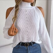 Pulover de toamnă și iarnă pentru femei, cu gât înalt, cu mânecă lungă, cu umăr, gol, aluat prăjit, lejer, la modă, ocazional, topuri