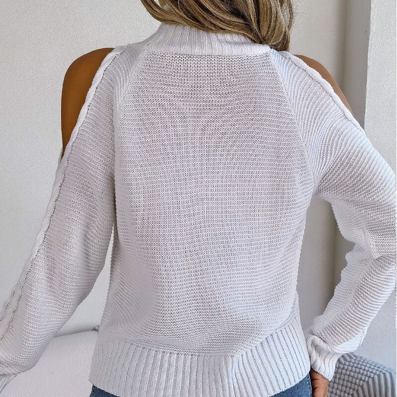 Pulover de toamnă și iarnă pentru femei, cu gât înalt, cu mânecă lungă, cu umăr, gol, aluat prăjit, lejer, la modă, ocazional, topuri