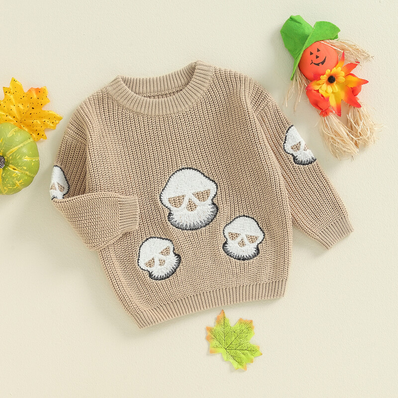 FOCUSNORM 0-3Y Lovely Baby Boys Girl Halloween Pulóverek Hosszú ujjú Ghost/Skull Hímzés Tipegő pulóverek felsők