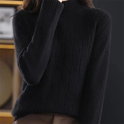 2024 Toamna Iarna Pulover Gros Cald Femei Pulover Cașmir Jumătate Guler Înalt Coreean Verde Solid Casual Pulover De bază Tricoturi