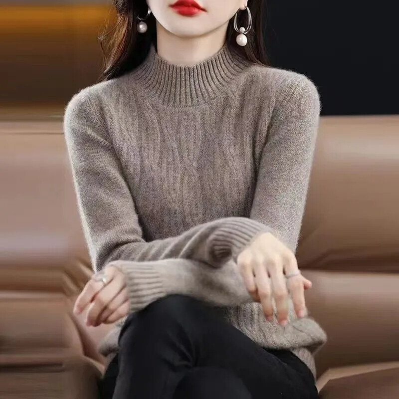 2024 Toamna Iarna Pulover Gros Cald Femei Pulover Cașmir Jumătate Guler Înalt Coreean Verde Solid Casual Pulover De bază Tricoturi