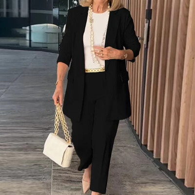 Costum de navetă elegant de culoare solidă pentru femei, jachetă cu un singur buton, set de sacou și pantaloni de toamnă, ținută de femei cu mânecă lungă cu rever