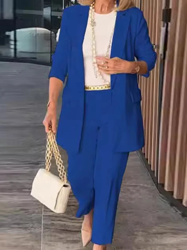 Costum de navetă elegant de culoare solidă pentru femei, jachetă cu un singur buton, set de sacou și pantaloni de toamnă, ținută de femei cu mânecă lungă cu rever