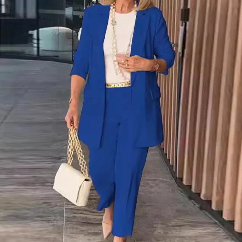 Costum de navetă elegant de culoare solidă pentru femei, jachetă cu un singur buton, set de sacou și pantaloni de toamnă, ținută de femei cu mânecă lungă cu rever