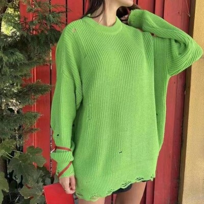 Őszi téli utcai ruházat szakadt lyukas női kötött pulóverek pulóverek hosszú ujjú egyszínű laza esztétikus pulóver y2k női