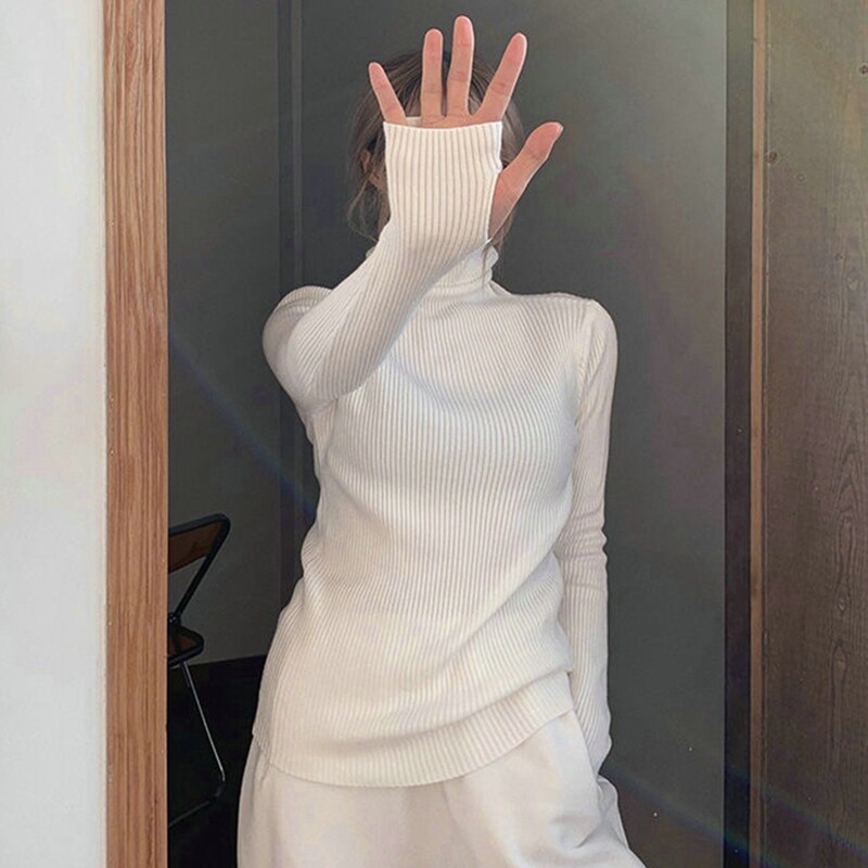 Γυναικεία πλεκτά πουλόβερ με δαχτυλιές χειμωνιάτικο ζιβάγκο Ζεστό μακρυμάνικο πουλόβερ Λεπτό πλεκτό με ψηλό γιακά